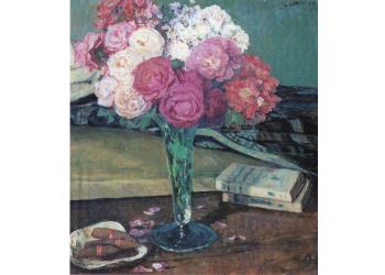 Vaso di fiori con libri e sigheri Vaso di fiori con libri e sigheri